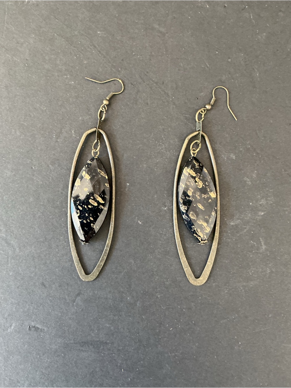 Source Unknown Black Marquise Drop Earrings with Gold Fleck